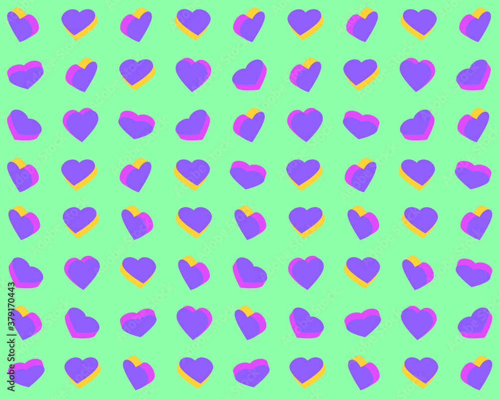 Colorful hearts on a green background. Vector illustration for fabric design, print for textile, wrapping, wed design, packaging, etc. 
