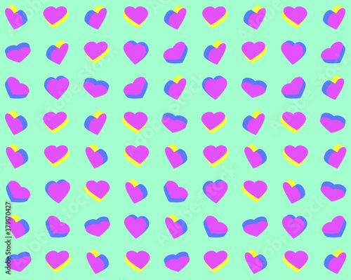 Colorful hearts on a blue background. Vector illustration for fabric design, print for textile, wrapping, wed design, packaging, etc. 