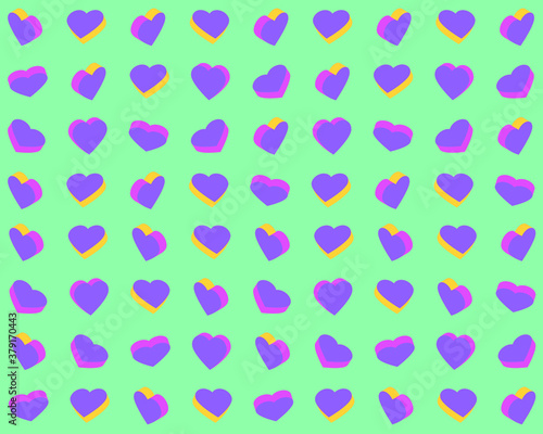 Colorful hearts on a green background. Vector illustration for fabric design  print for textile  wrapping  wed design  packaging  etc. 