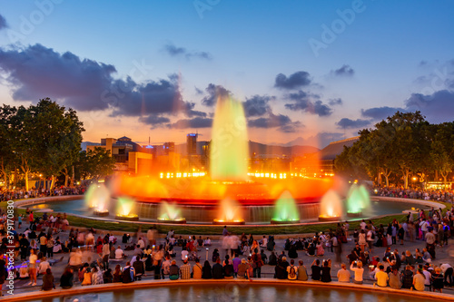 Photography Magic fountain show in Barcelona Montjuic hill, Spain