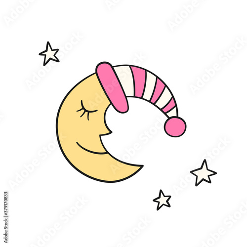Sleep moon and stars in doodle style. Good night symbol. Hand drawn vector illustration on white background