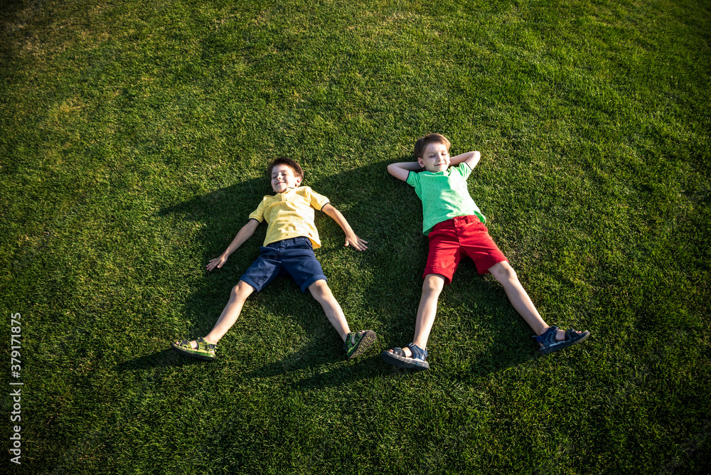 Picture of two brother having fun in the park, two cheerful children laying down on green grass, little boy and his friend playing outdoors, best friends, happy family, love and happiness concept Picture of two brother having fun in the park, two cheerful children laying down on green grass, little boy and his friend playing outdoors, best friends, happy family, love and happiness concept