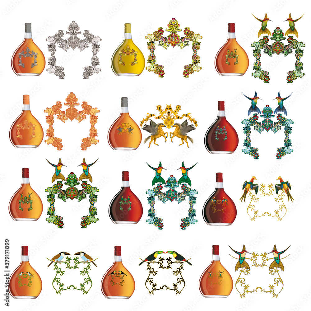 vin, étiquette, création, motif, floral, illustration, label, photo ...