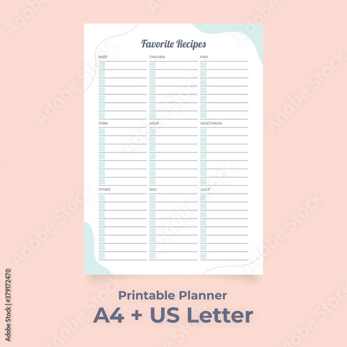 Minimalist Favorite Recipes Printable Planner, Family Food List
Custom planner pages template vector paper A4 and US Letter Ai, EPS 10 and PDF File