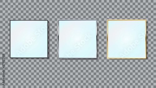 Metalic modern frames square mirrors set. Realistic white mirrors template for design interior. 