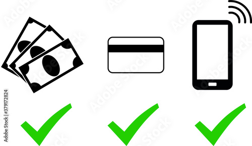 Cash, card and mobile phone payment option sign. Simple and easily understandable vector sign symbol icon. Money payment theme.