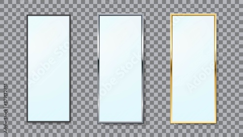 Realistic mirrors rectangle frame vector set of different colors isolated. Realistic metalic gold and silver rectangle frames mirrors template. Reflecting glass surfaces isolated. 