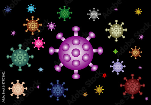 Universo de coronavirus de diferentes colores degradados sobre fondo negro