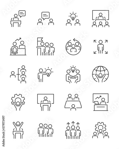 set of business people thin line icons, working, team, meeting