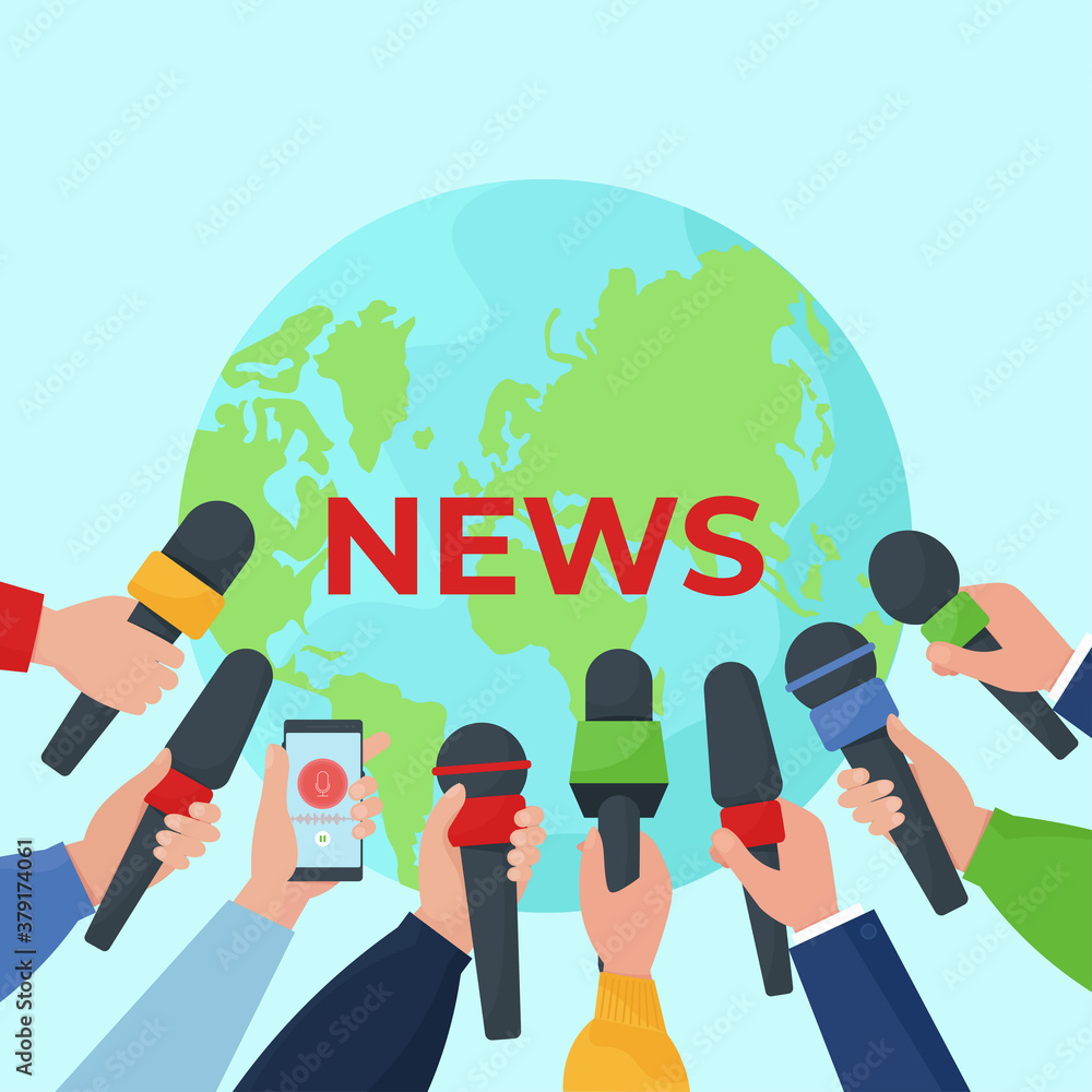 Fototapeta premium Concept of hot, fresh news. Hands of journalists with microphones. Flat vector illustration