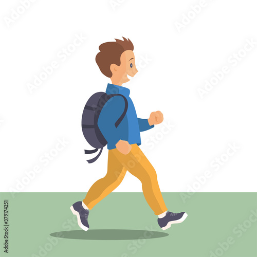 Cheerful schoolboy boy goes with a backpack. Vector character illustration.