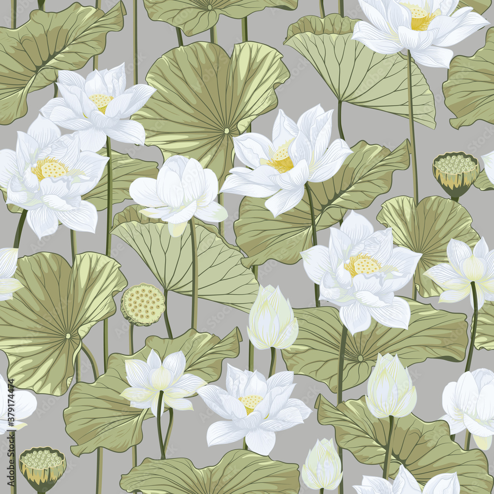 Seamless White Lotus Flowers and Buds with Green Leaves on retro Background for Fabric and Decorative Patterns Seamless White Lotus Flowers and Buds with Green Leaves on retro Background for Fabric and Decorative Patterns