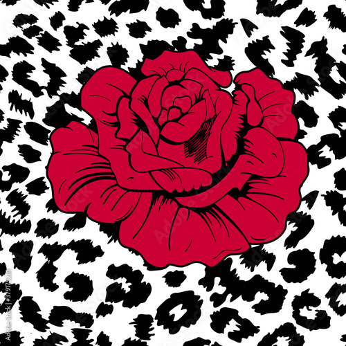 Vector illustration of a pink flower on an animal print background. 