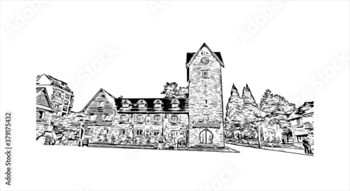 Building view with landmark of San Carlos de Bariloche is a town in Argentina. Hand drawn sketch illustration in vector.