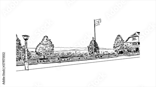 Building view with landmark of San Carlos de Bariloche is a town in Argentina. Hand drawn sketch illustration in vector.