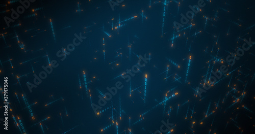Abstract Quantum Matrix, data flowing from all direction creating a mesh, web of information. Binary data of 0 and 1 flowing through computer system or internet. virtual world space. 3D render