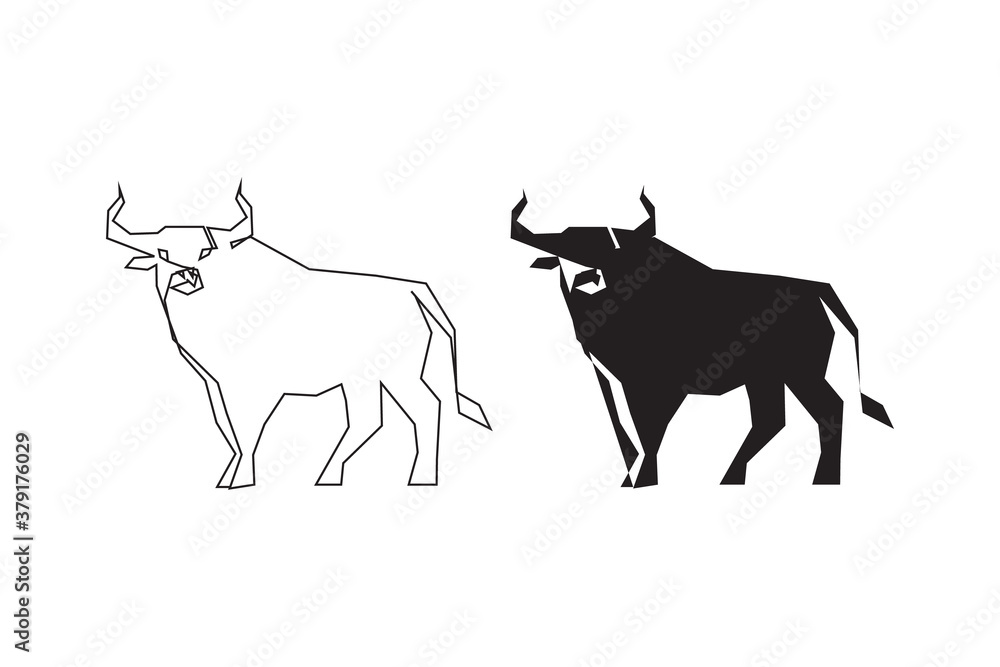 One Line Drawing Bull Icon. Continuous Line Draw Ox Logo