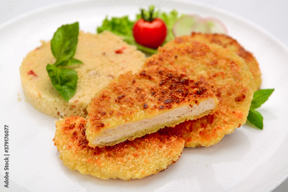Chicken cutlet in batter with bulgur. Healthy food Chicken cutlet in batter with bulgur. Healthy food