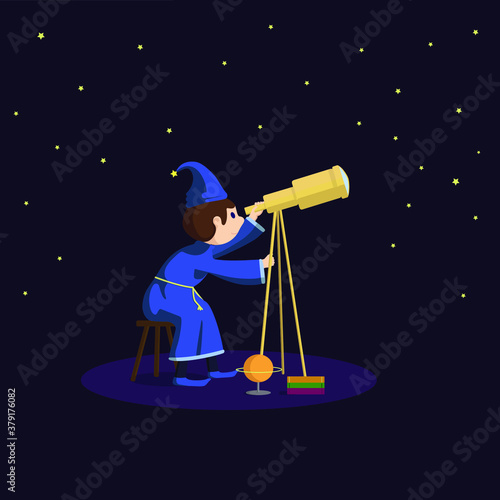illustration with an astronomer, with blue and yellow background elements.
