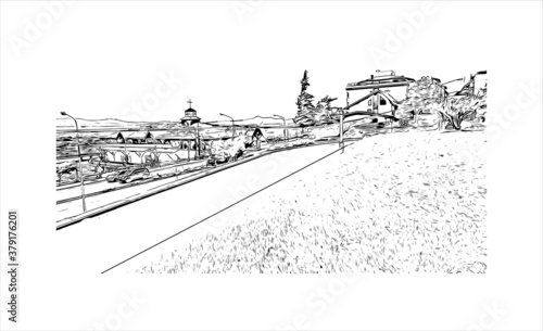 Building view with landmark of San Carlos de Bariloche is a town in Argentina. Hand drawn sketch illustration in vector.
