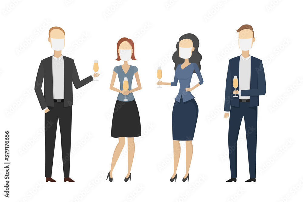 Office people in face masks drinking champagne. Vector illustration. Office people in face masks drinking champagne. Vector illustration.