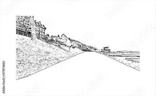 Building view with landmark of San Carlos de Bariloche is a town in Argentina. Hand drawn sketch illustration in vector.
