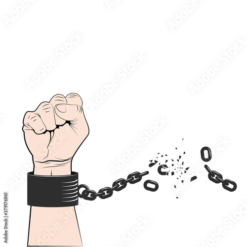 Hand clenched into fist with tearing chain or fetter. Symbol of revolution and freedom. Freedom concept. Vector