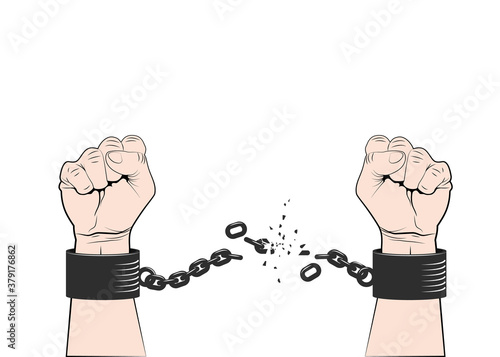 Two hands clenched into fist tearing chains or fetter. Symbol of revolution and freedom. Freedom concept. Vector