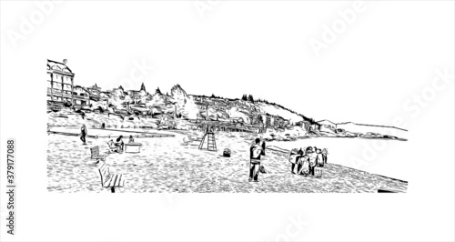 Building view with landmark of San Carlos de Bariloche is a town in Argentina. Hand drawn sketch illustration in vector.