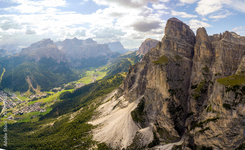 Obraz premium Aerial/Drone - Beautiful panorama landscape of the dolomites mountains, alpes south tyrol Italy