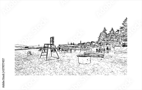 Building view with landmark of San Carlos de Bariloche is a town in Argentina. Hand drawn sketch illustration in vector.