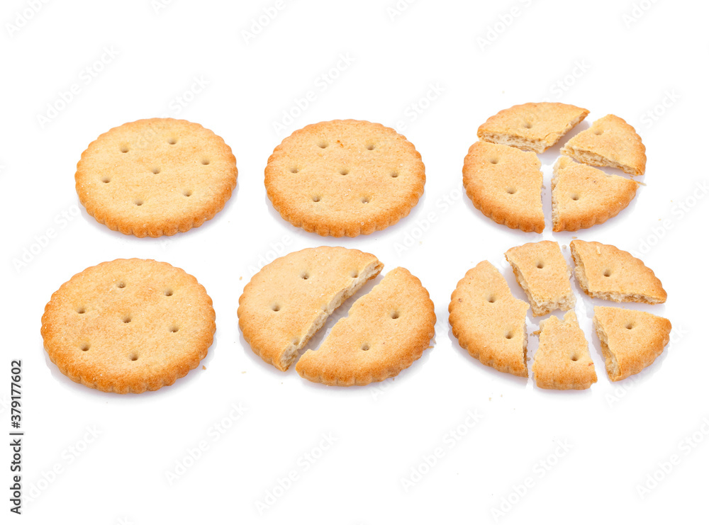 Dry cracker cookies isolated on white background. Saltines isolated. Top view, concept of food. Close-up.