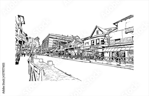 Building view with landmark of San Carlos de Bariloche is a town in Argentina. Hand drawn sketch illustration in vector.