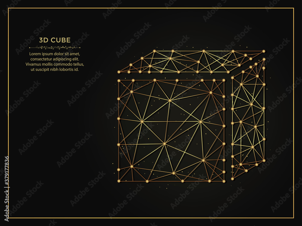 3d cube golden abstract illustration on a dark background. Geometric shape polygonal template made from lines and dots.