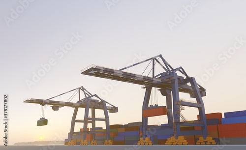 Large port cranes at sunset. Digital 3D render.