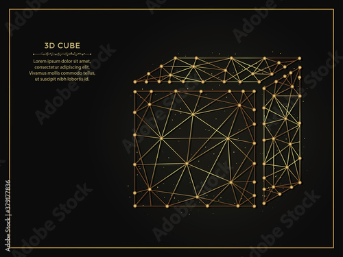 3d cube golden abstract illustration on a dark background. Geometric shape polygonal template made from lines and dots.