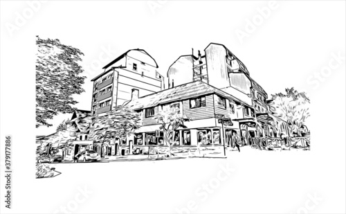 Building view with landmark of San Carlos de Bariloche is a town in Argentina. Hand drawn sketch illustration in vector.