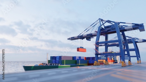 Port cranes loading containers on a cargo ship at the port. Tilt-shift effect. Digital 3D render, low poly.