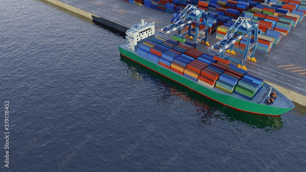 Port cranes loading containers on a cargo ship at the port. Elevated view. Digital 3D render.