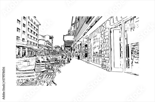 Building view with landmark of San Carlos de Bariloche is a town in Argentina. Hand drawn sketch illustration in vector.