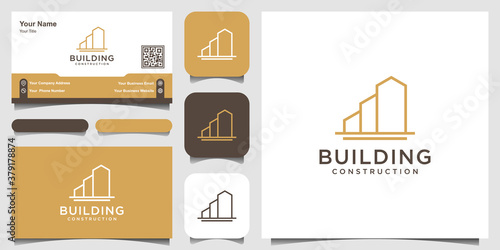 building with line art style logo and business card design. city building abstract For Logo Design Inspiration.