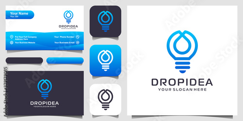creative bulb lamp and drop or water logo and business card design. Idea creative light bulb and oil logo.