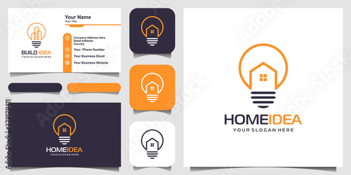 Home and bulb logo design combination with line art style. Line logo with building icons and business card design
