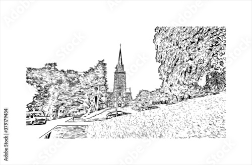 Building view with landmark of San Carlos de Bariloche is a town in Argentina. Hand drawn sketch illustration in vector.