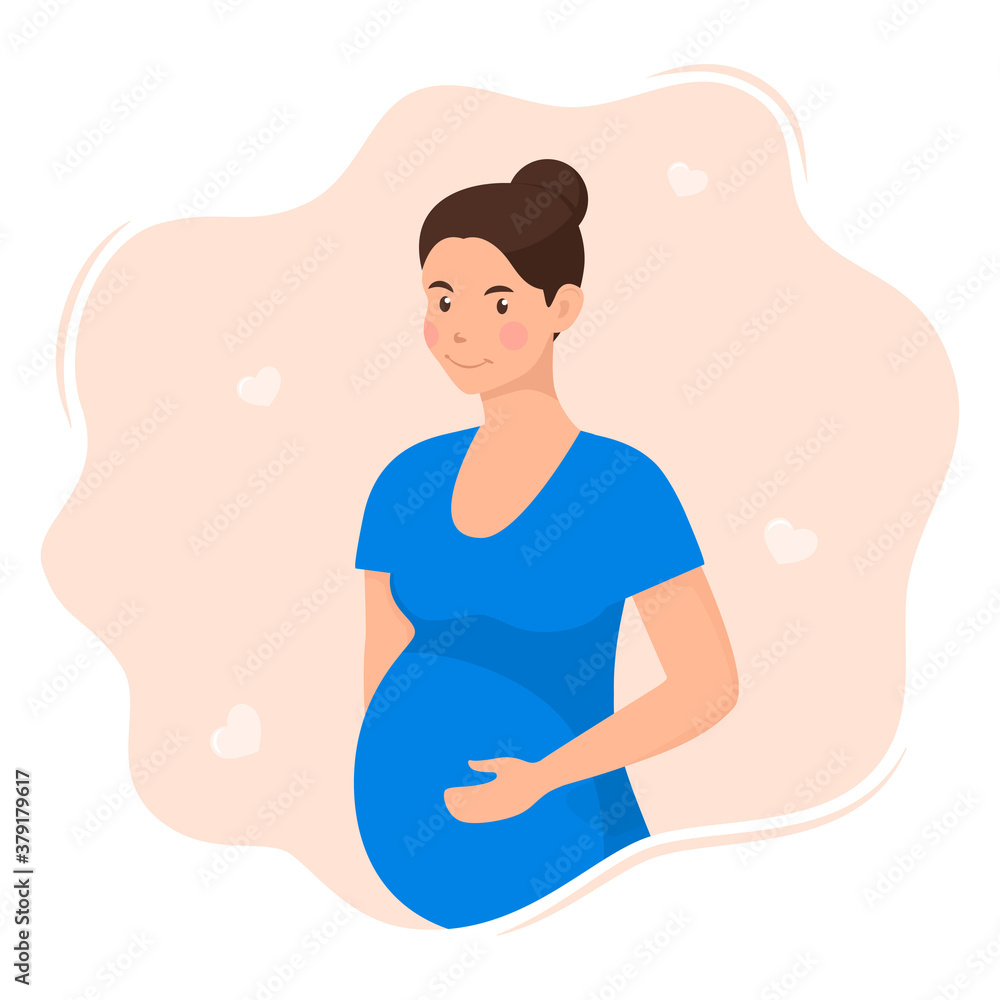 Happy young pregnant woman with big belly. Beautiful pregnant woman character. Girl expecting a baby. Maternity concept. Vector Illustration. Happy young pregnant woman with big belly. Beautiful pregnant woman character. Girl expecting a baby. Maternity concept. Vector Illustration.