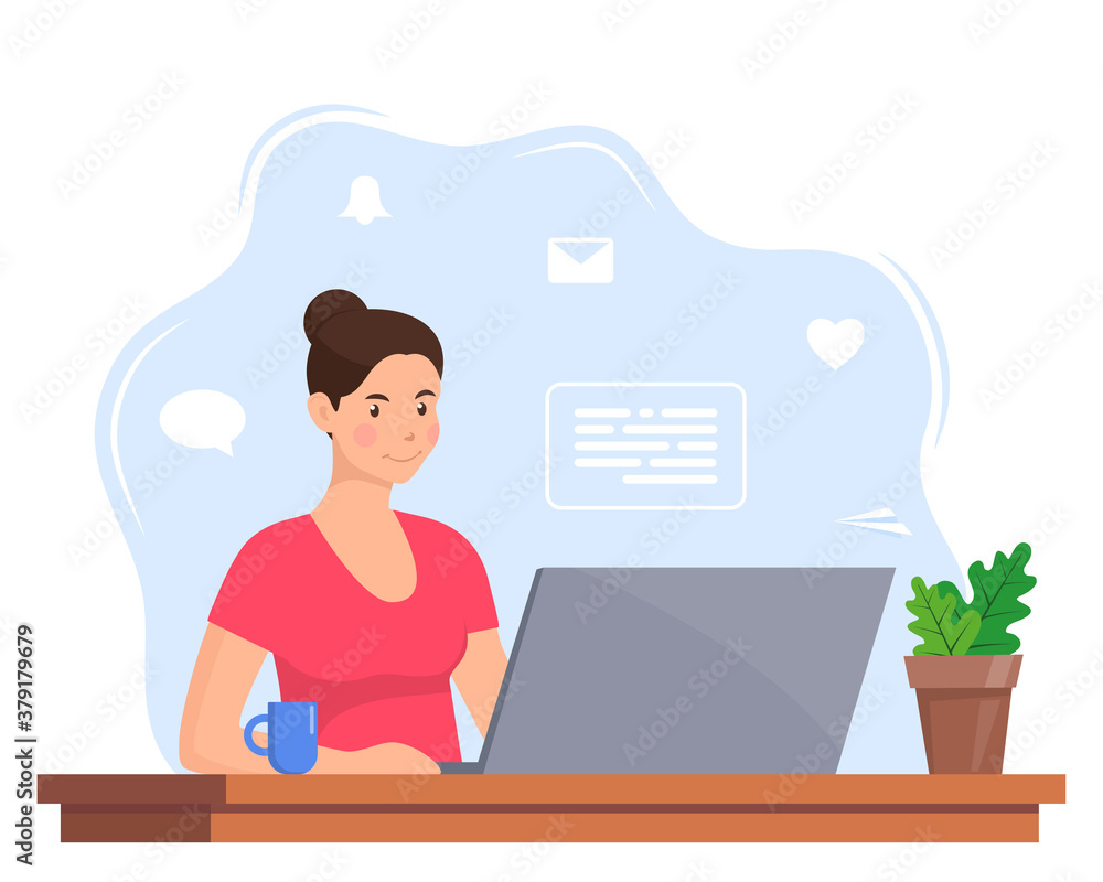 Young woman working on laptop at home office. Freelancer at work, remote work. Young woman sitting at a desk with a laptop and coffee cup. Flat style color modern vector illustration. Young woman working on laptop at home office. Freelancer at work, remote work. Young woman sitting at a desk with a laptop and coffee cup. Flat style color modern vector illustration.