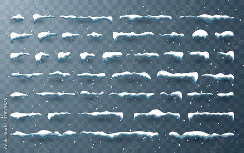 Snow caps, snowballs and snowdrifts set. Snow cap vector collection. Winter decoration element. Snowy elements on winter background. Cartoon template. Illustration