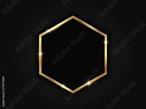 Gold hexagonal frame. Geometric luxury template on dark background