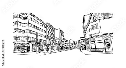 Building view with landmark of San Carlos de Bariloche is a town in Argentina. Hand drawn sketch illustration in vector.