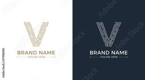 Letter v made of lines and dots logo on a white and blue background